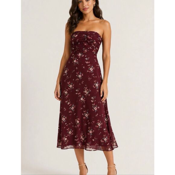 Reformation Dresses & Skirts - Reformation Strapless Burgundy Floral Midi Dress